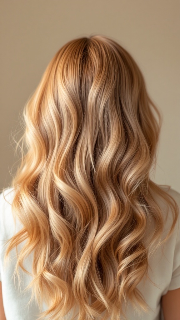 Hair showing strawberry blonde balayage with soft waves