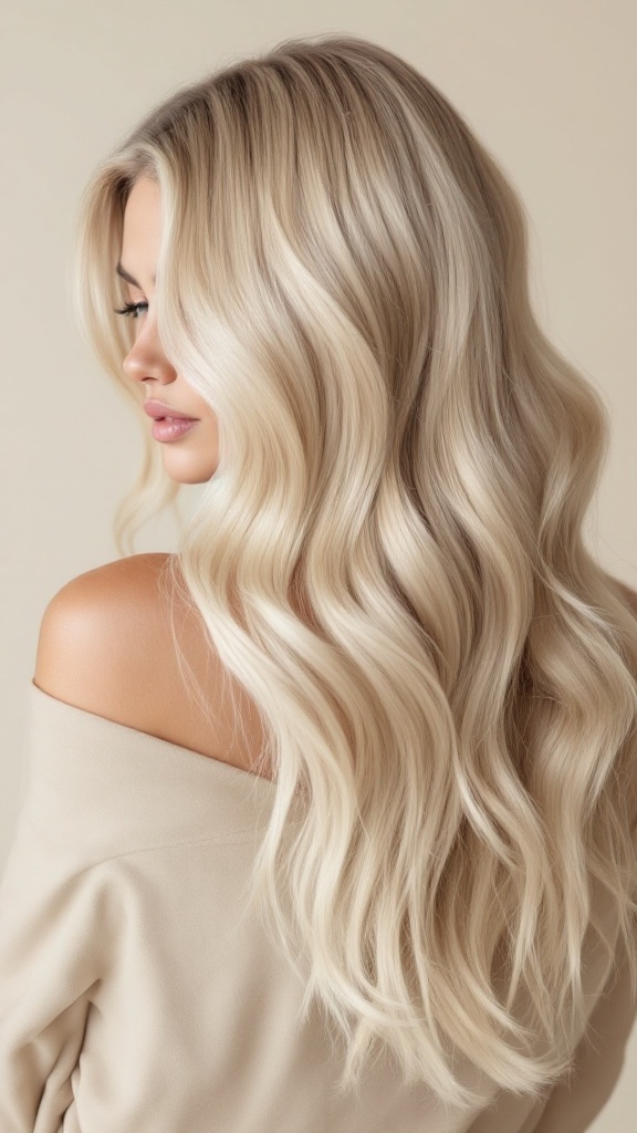 A woman with ash blonde balayage hair, styled in soft waves, showcasing the cool tones and dimension of the color.