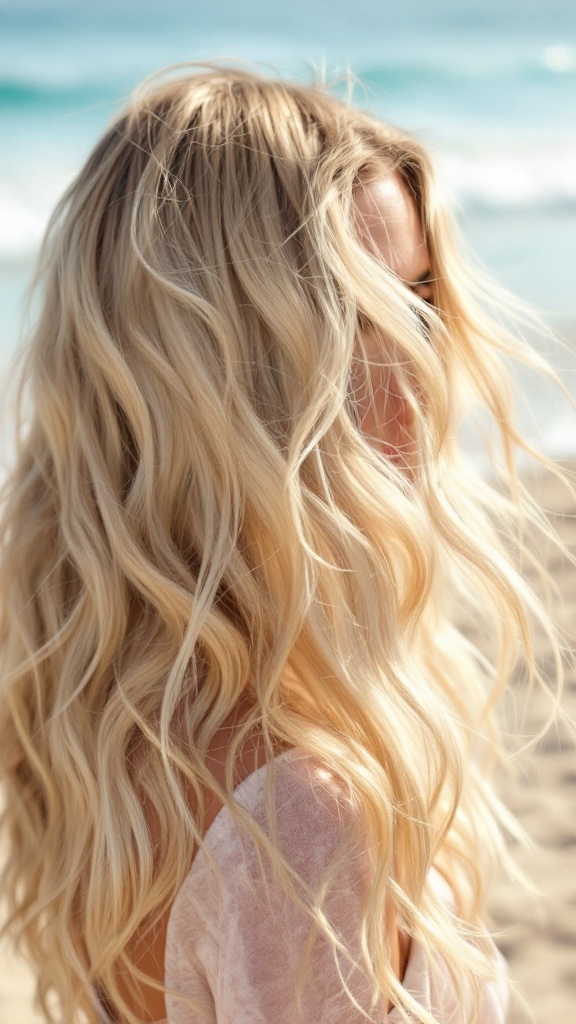 A woman with beach blonde hair, wavy and flowing, standing near the ocean.