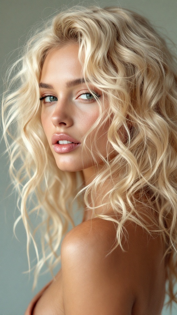 A woman with blonde highlights and curly hair, showcasing the beauty of highlights on curls.