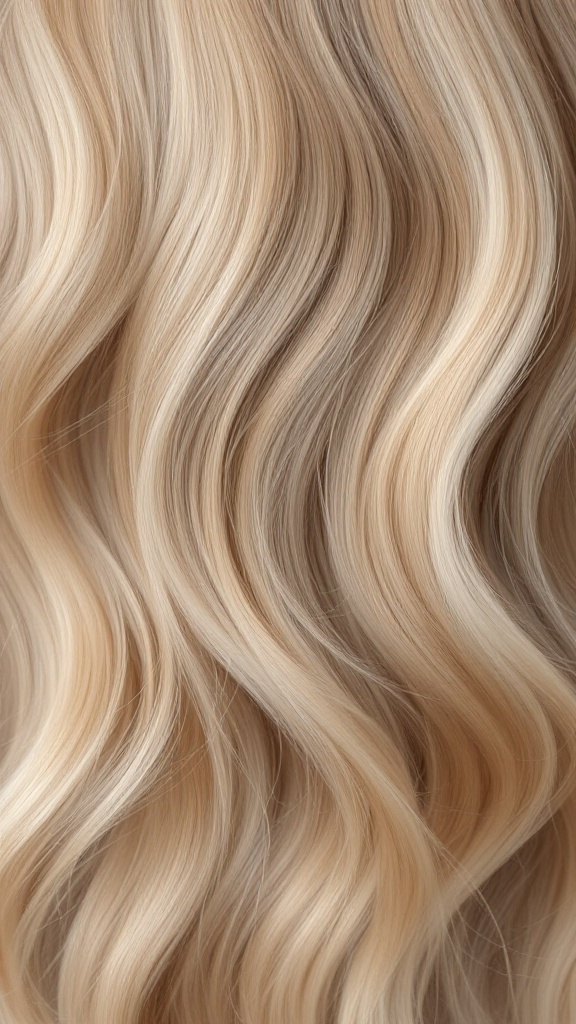 Close-up of wavy hair with blonde highlights on dirty blonde hair