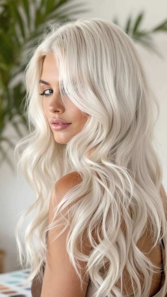 A woman with long, wavy platinum blonde hair, showcasing a balayage style, with a soft background of greenery.