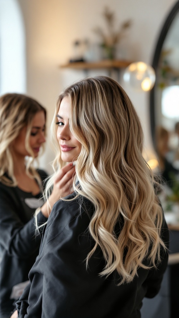 A stylist applying balayage to a client's long, wavy hair in a bright salon