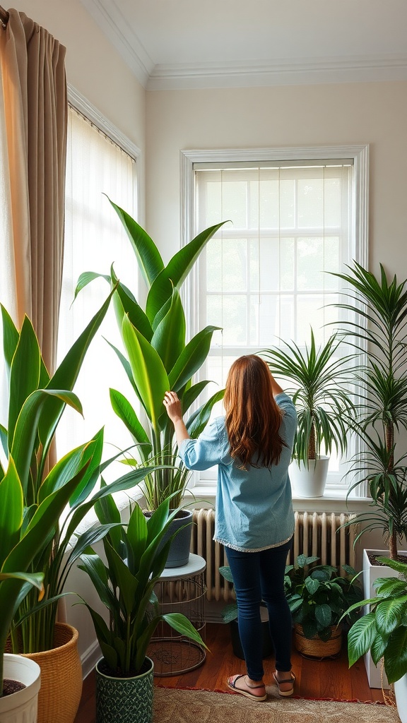 A person caring for tall house plants in a bright room with large windows.