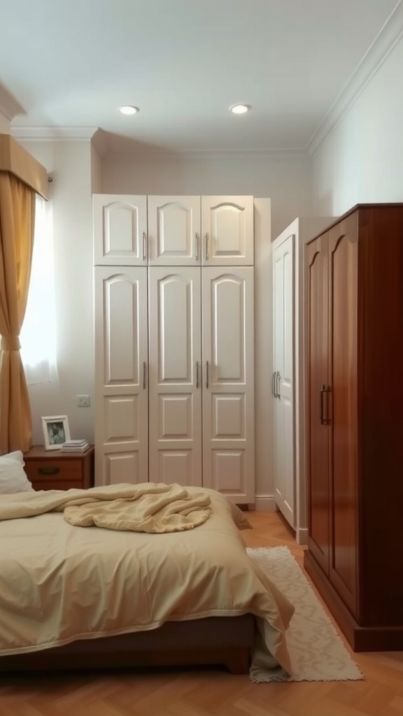 Small bedroom with light-colored wardrobes and a wooden wardrobe, featuring a bed with a blanket.