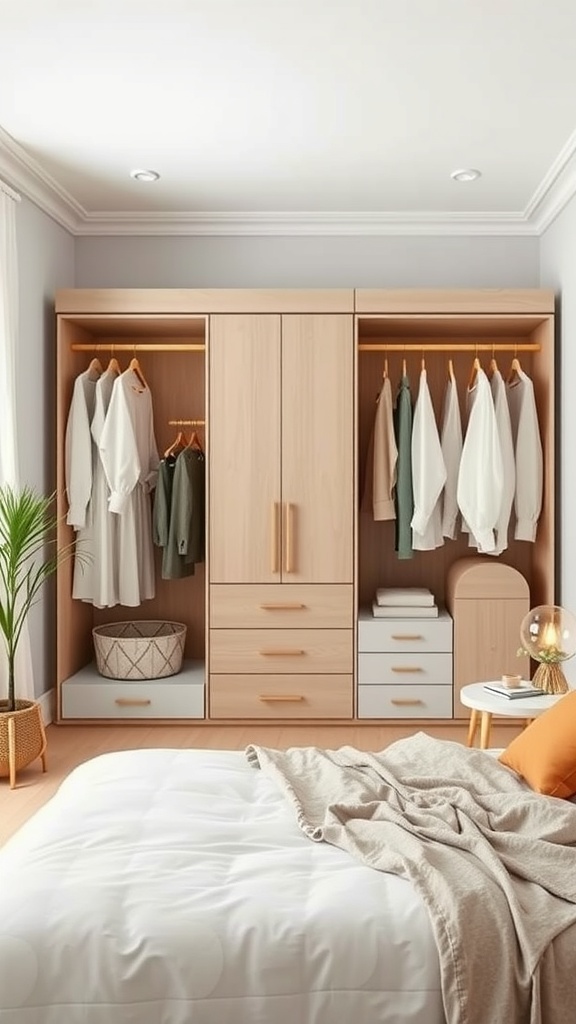 A compact bedroom featuring a light wood wardrobe with hanging clothes and drawers, complemented by a cozy bed and decor.