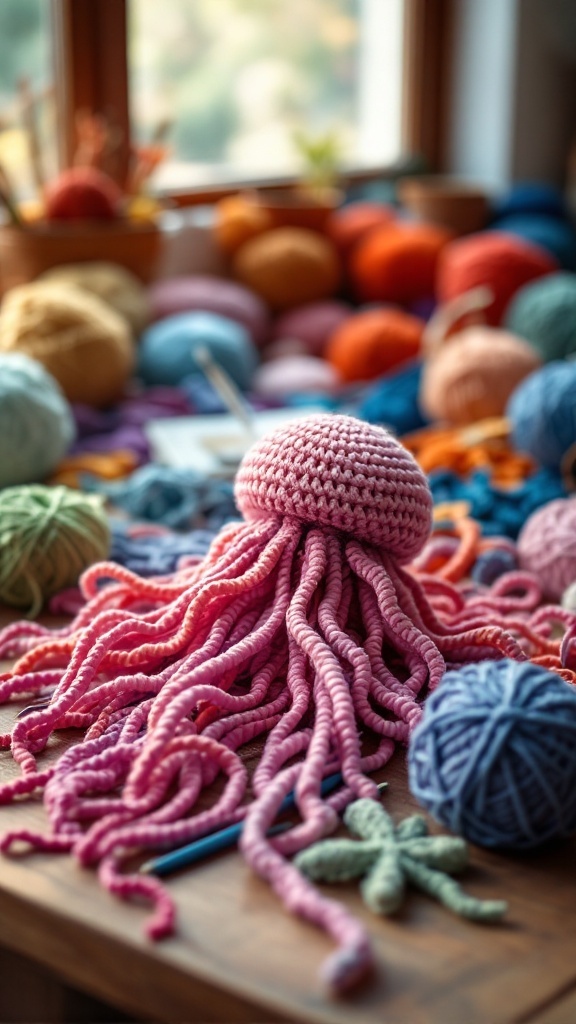 A pink crochet jellyfish surrounded by various colorful yarn balls on a table.