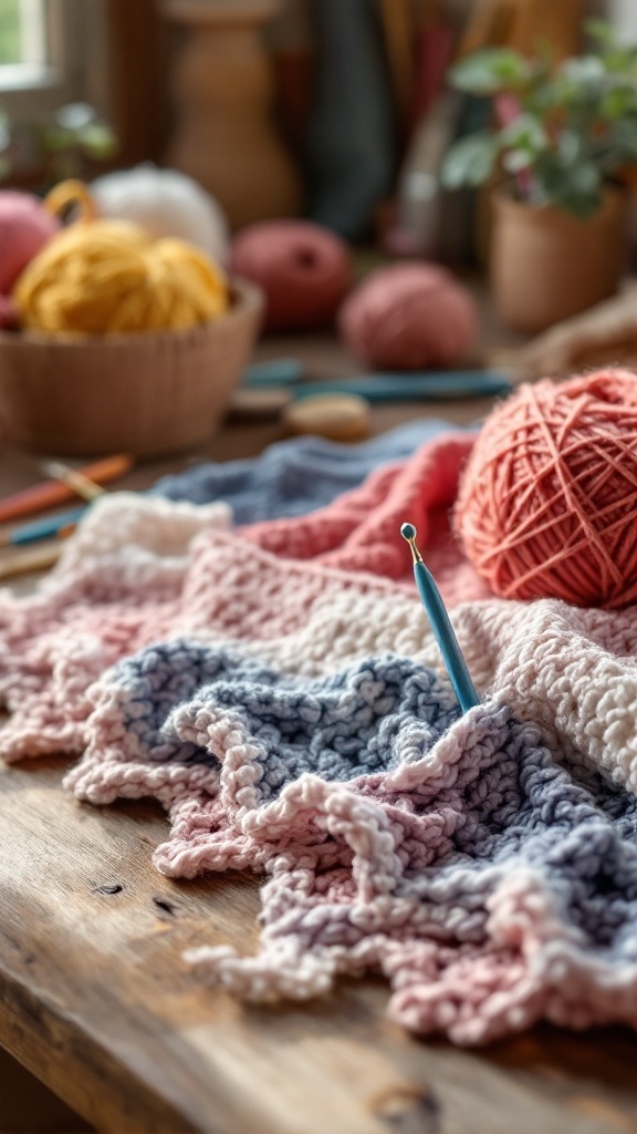 A selection of colorful yarns and a crochet hook on a wooden table, with a partially finished crochet baby dress.