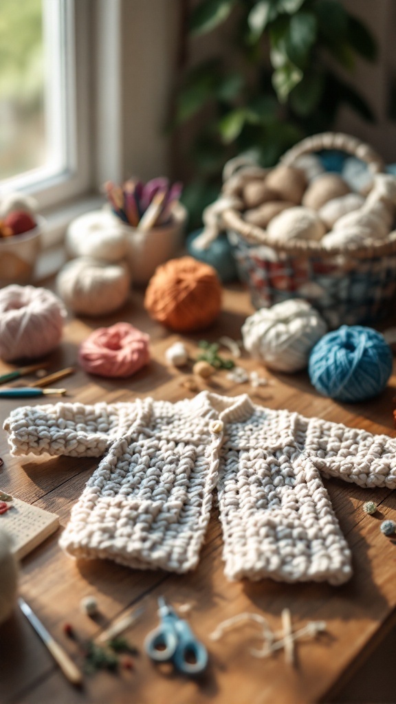 A crochet baby jacket on a wooden table surrounded by various yarn balls and crafting supplies.