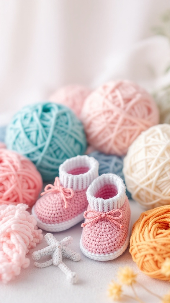 Crochet baby booties in pink, surrounded by colorful yarn balls in various shades.