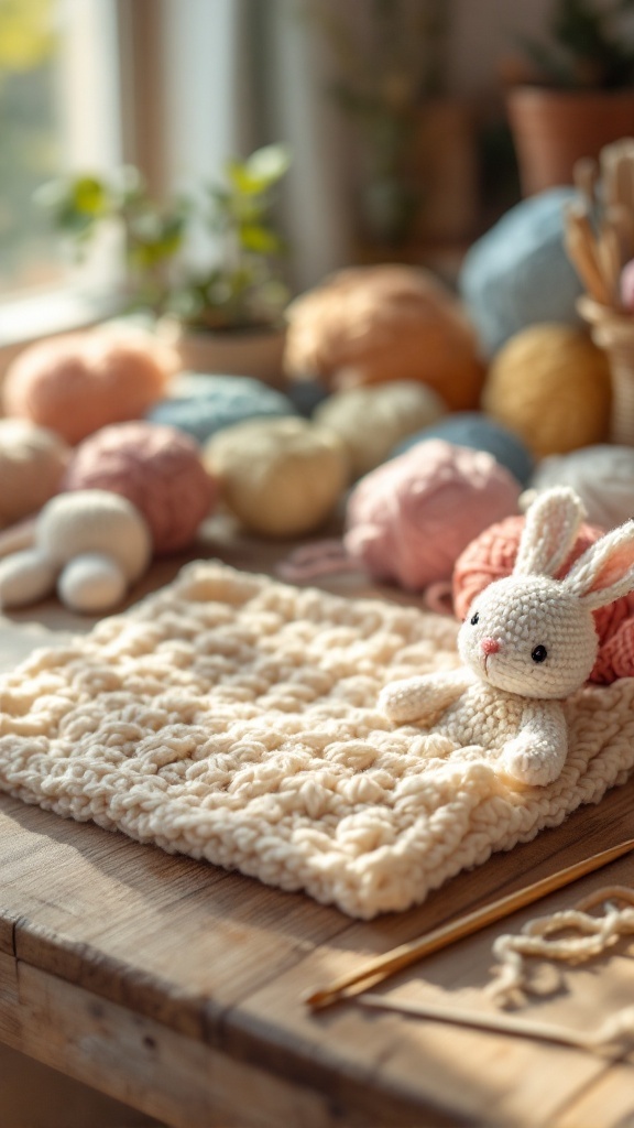 A crochet bunny on a textured fabric with various colored yarn balls in the background.