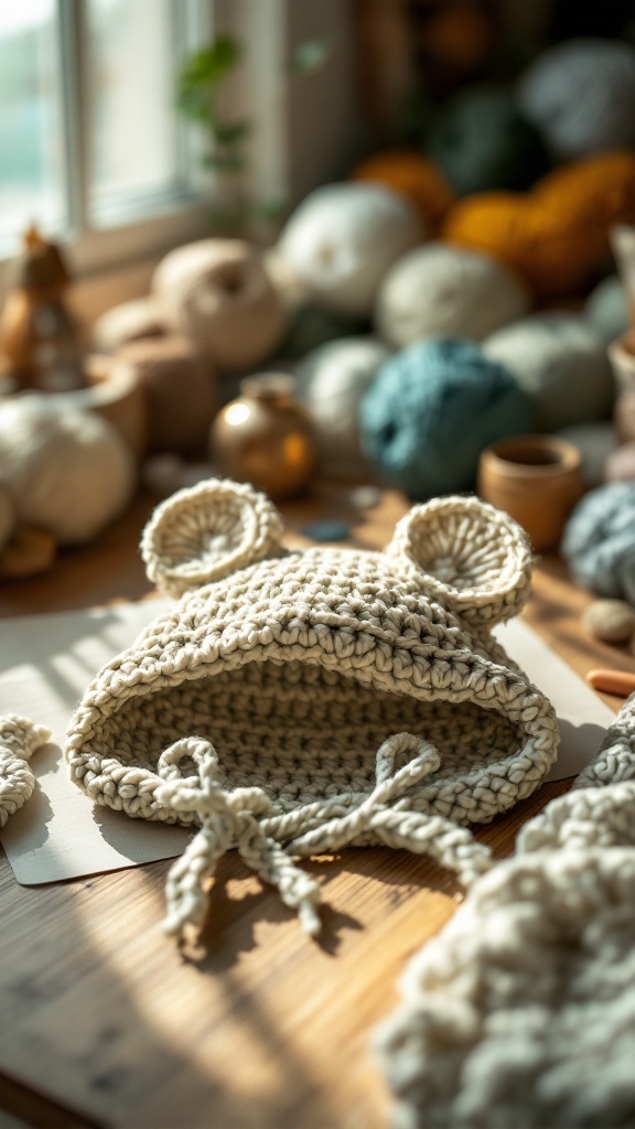 A cozy crochet frog hat with ear details, surrounded by colorful yarn balls.