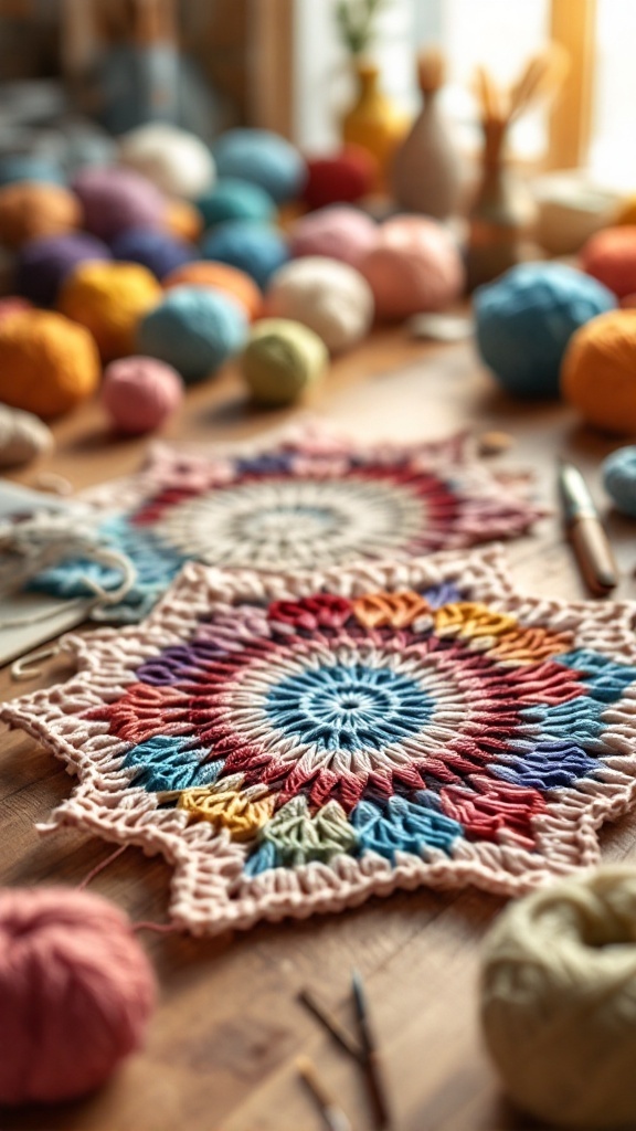 Colorful yarns and crochet designs laid out on a wooden table.