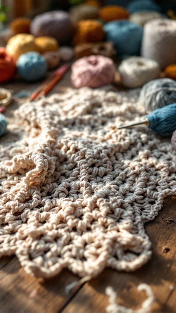 A variety of colorful yarns spread out on a wooden surface, with a partially completed crochet doily in the foreground.