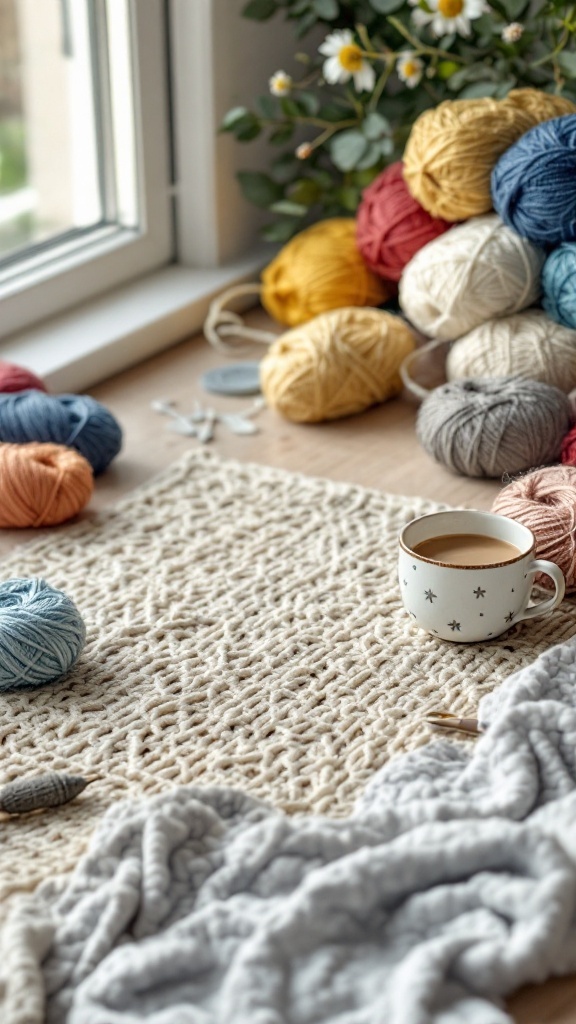 An assortment of colorful yarn balls, a cozy cup of coffee, and a crochet project on a textured surface