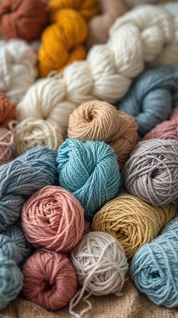 A variety of colorful yarn balls, showcasing different textures and shades for crochet projects.