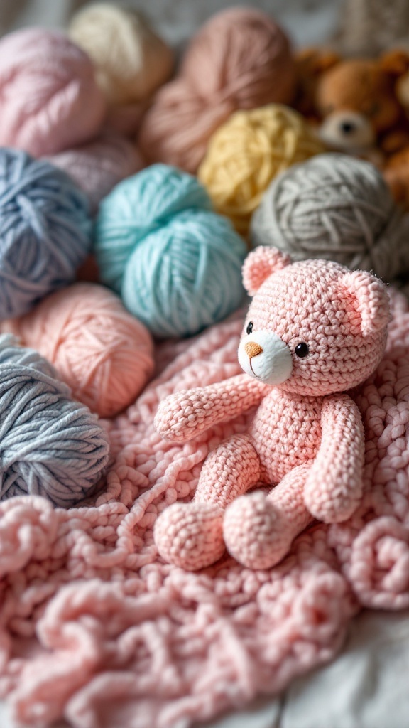 A pink crochet bear plushie surrounded by colorful yarn balls on a soft blanket.