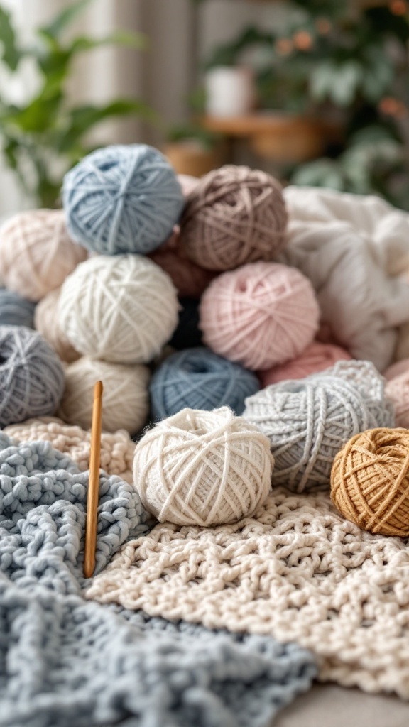 An assortment of yarn balls in soft colors with a crochet hook and textured crochet pieces laid out.