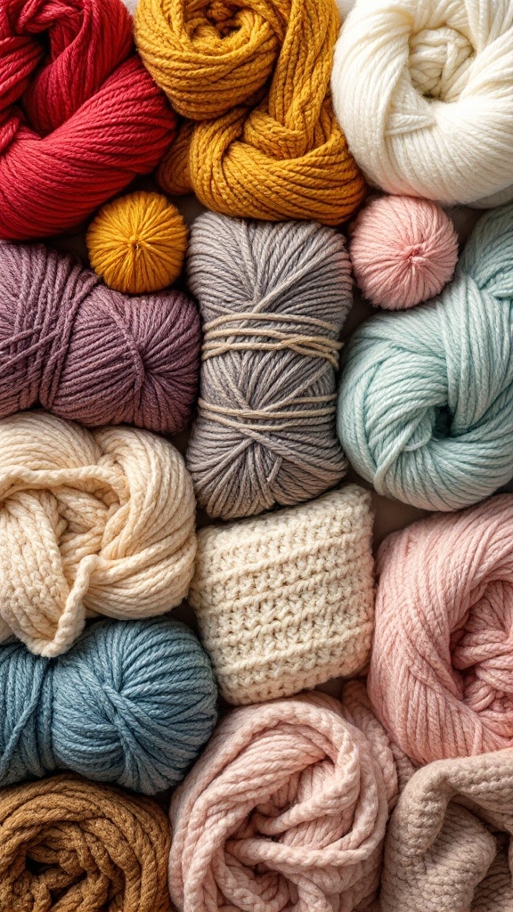Various colorful yarns stacked together, showcasing different textures and thicknesses.