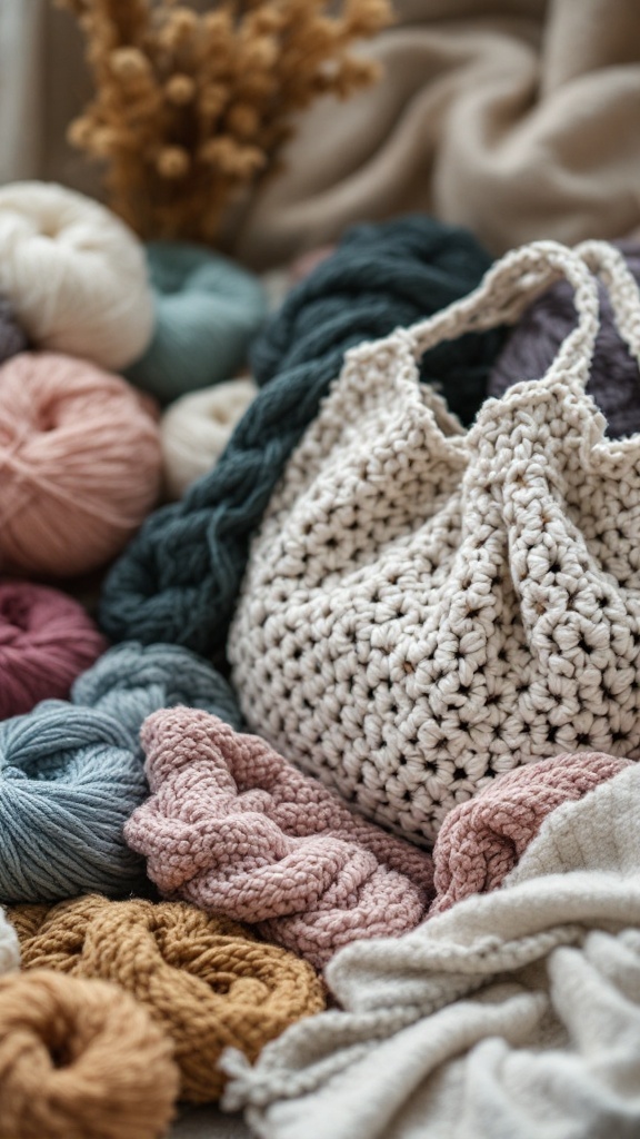 A crochet shoulder bag surrounded by various yarns in soft colors.