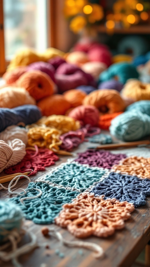 Colorful yarns laid out for crocheting fish, featuring various textures and shades.