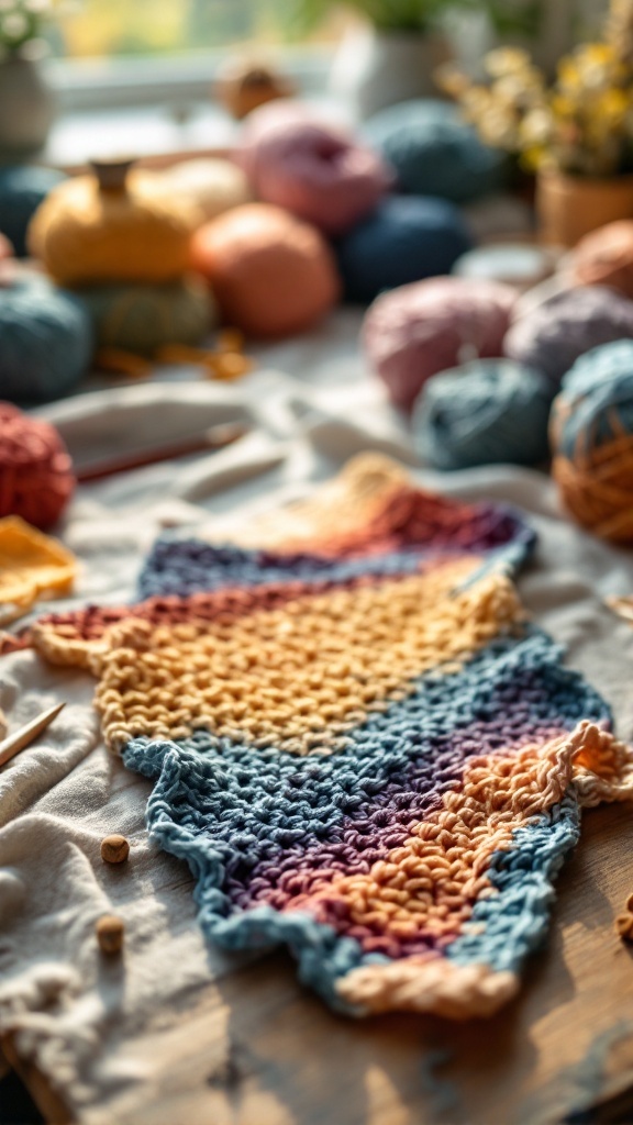A colorful crochet piece resembling a frog, surrounded by different yarn balls in soft colors.