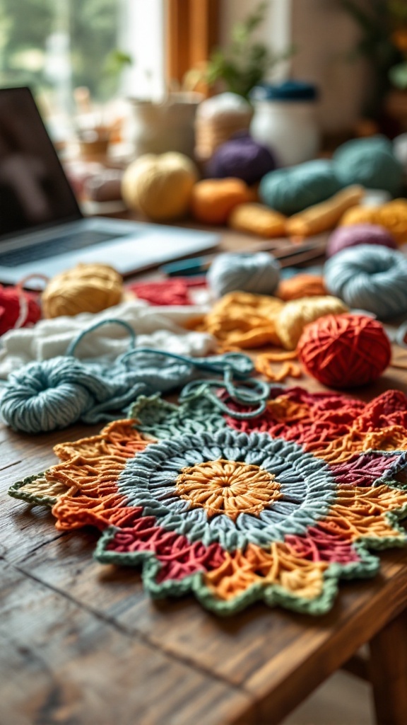 A variety of colorful yarns on a table with a crochet piece and a laptop in the background.