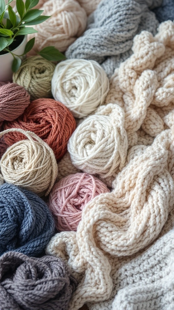 An assortment of colorful yarn balls and textured yarns, ideal for crocheting a lovey.