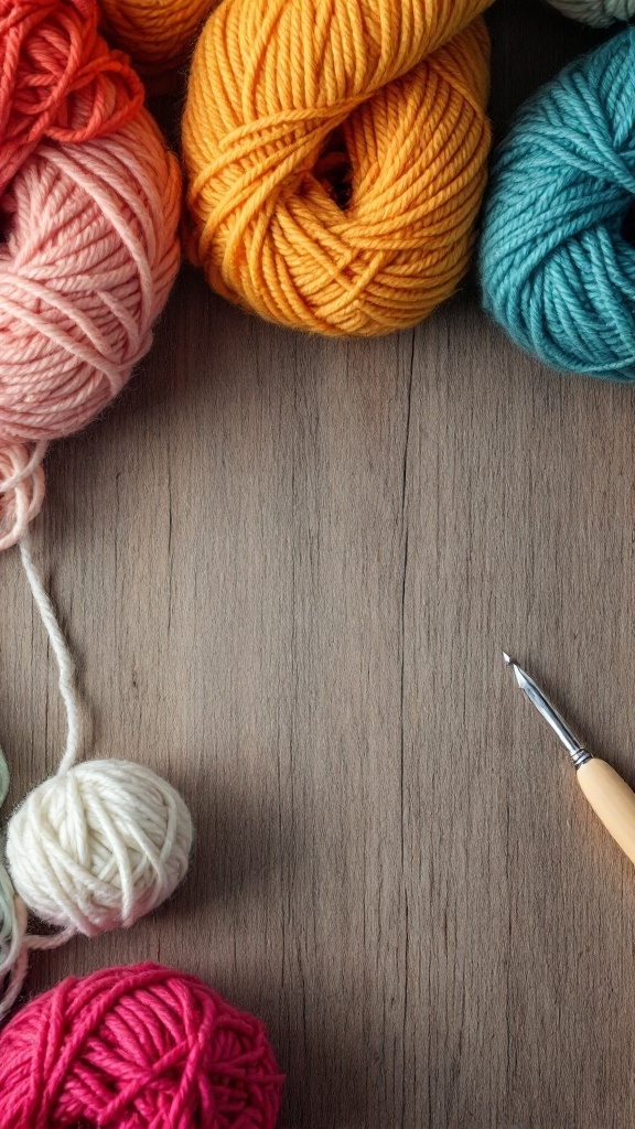 Colorful yarn skeins in various shades on a wooden surface next to a crochet hook.