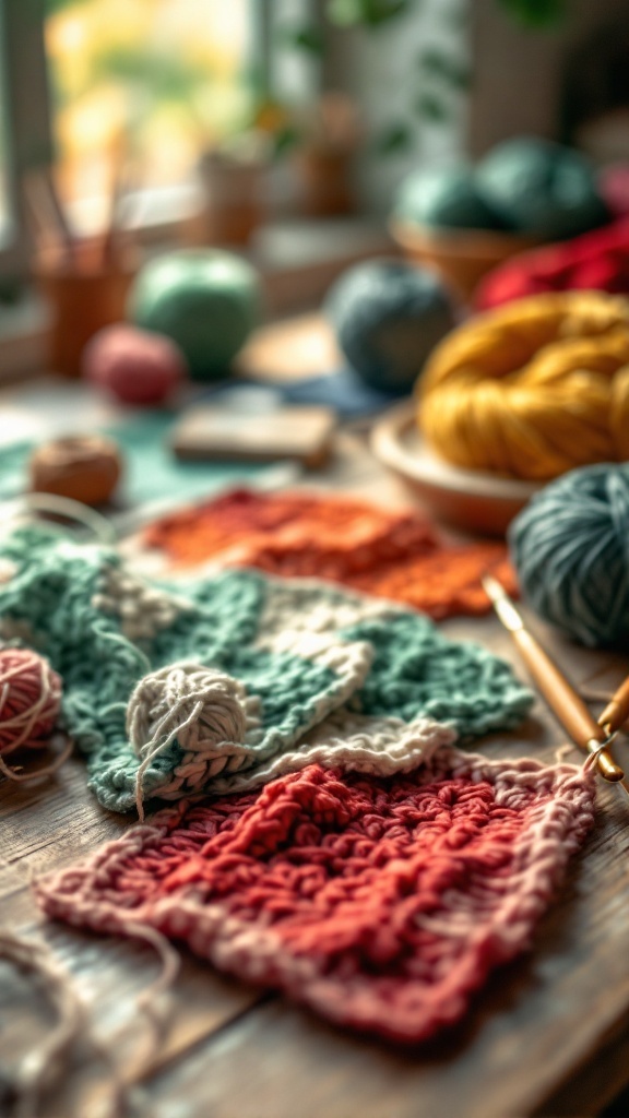 A colorful array of yarns and crochet squares on a wooden table, illustrating the process of crochet.