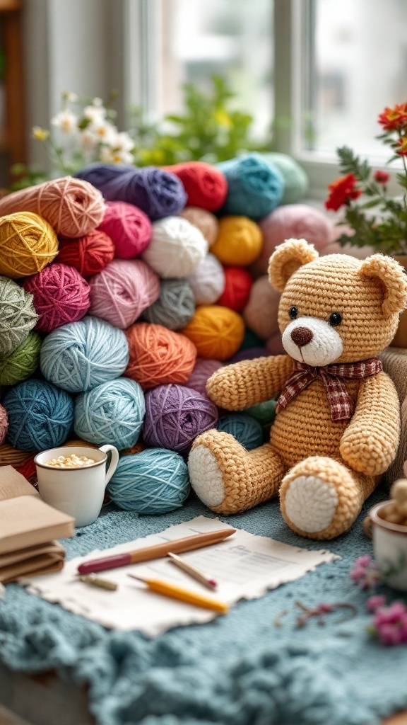 A cozy setup showing colorful yarn balls next to a crochet teddy bear, with crafting materials on a textured blanket.