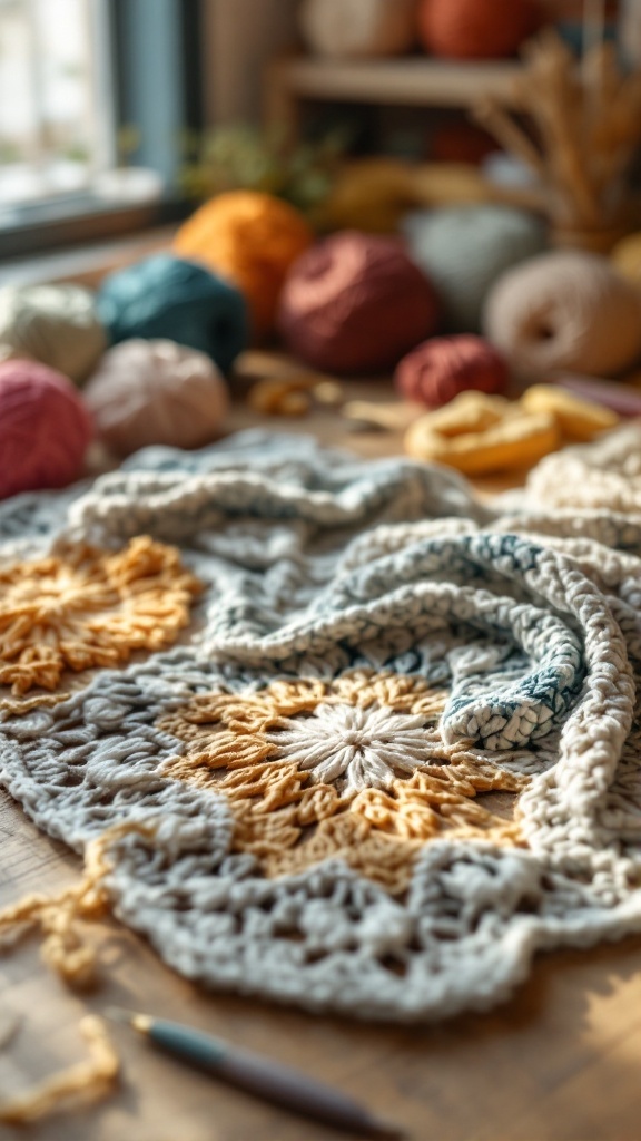 Colorful assortment of yarns with crocheted pieces in progress on a wooden table