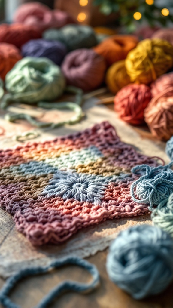 Colorful assortment of yarn balls with a crocheted sample in the center.