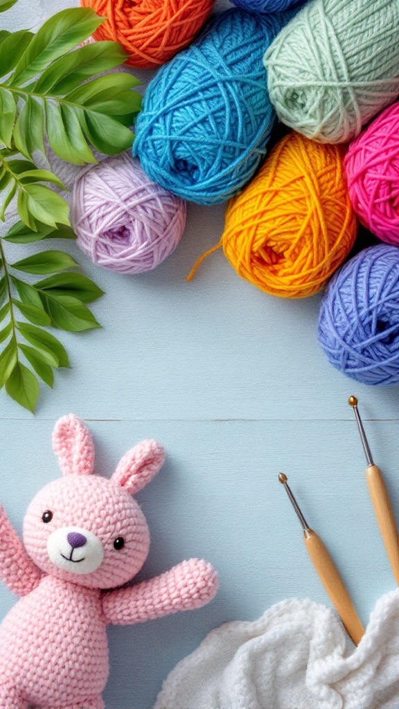 Colorful yarn balls and a pink crochet bunny with crochet hooks on a blue background.