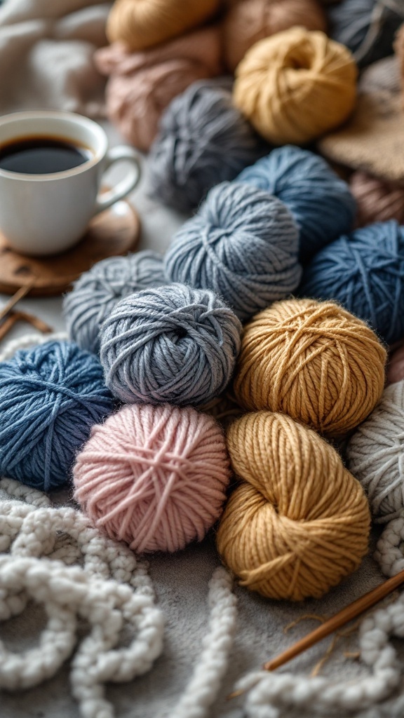 A variety of yarn balls in different colors next to a coffee cup.