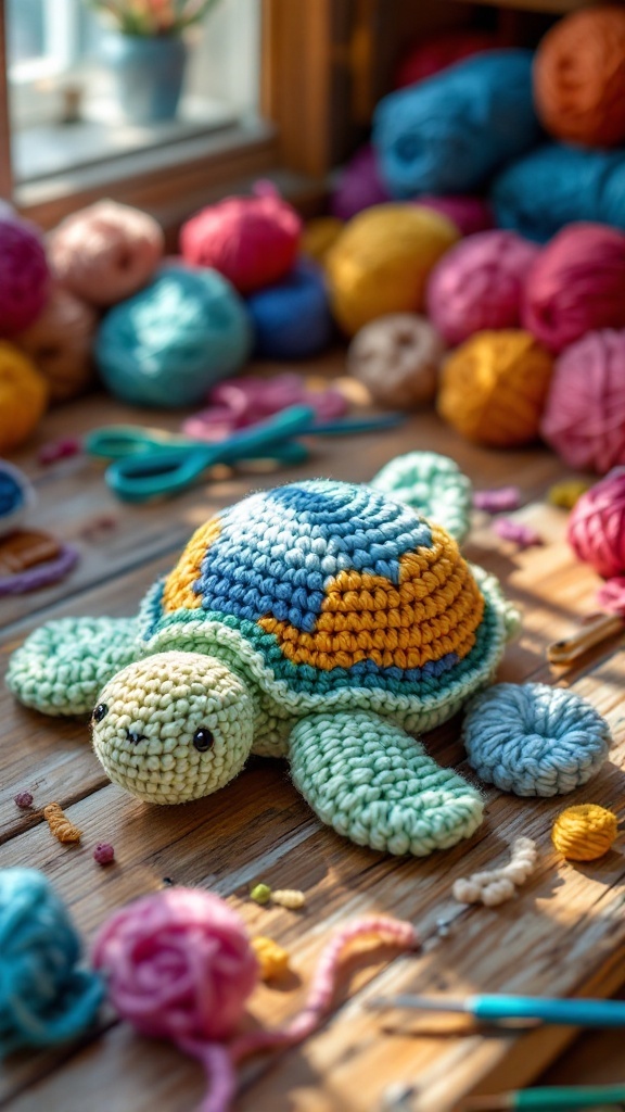A crochet turtle surrounded by colorful yarn balls in various shades.