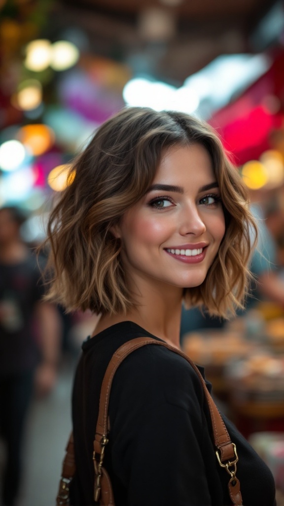 Woman with medium bob hairstyle featuring choppy layers, smiling in a vibrant market setting.