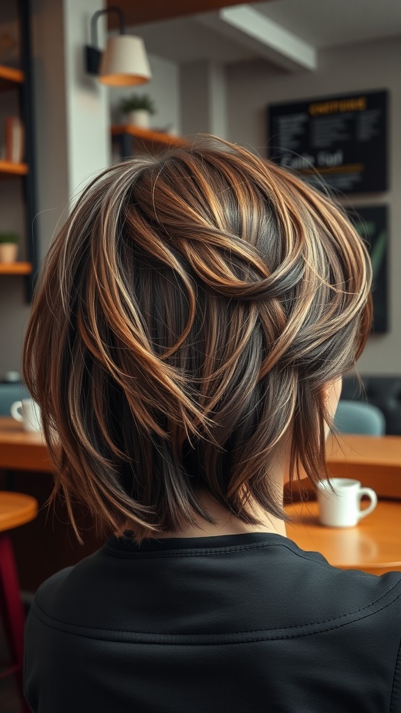 A back view of a woman with choppy layered hair, showcasing a casual and stylish look.