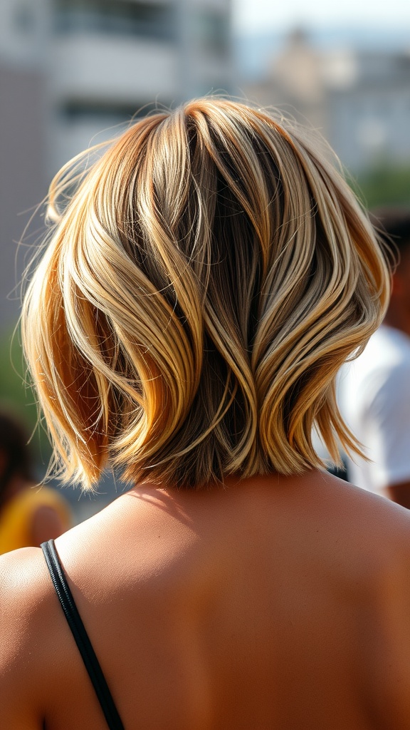 A choppy lob hairstyle with highlights, showcasing a modern and textured look.