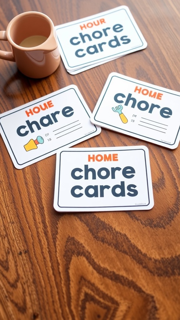 Colorful chore cards arranged on a wooden table with a small cup.