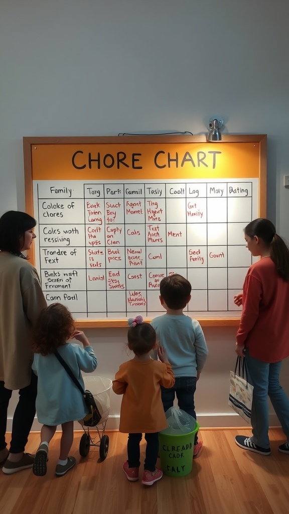 A family working together on a chore chart, with children looking at assigned tasks.