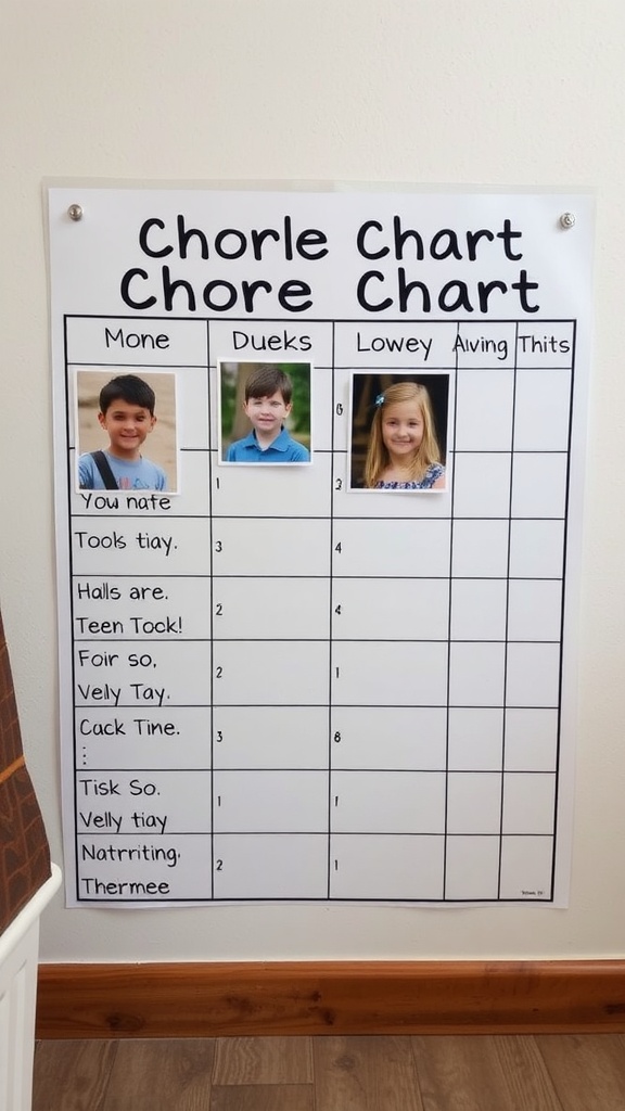 Chore chart displaying personalized pictures of children alongside their household tasks.
