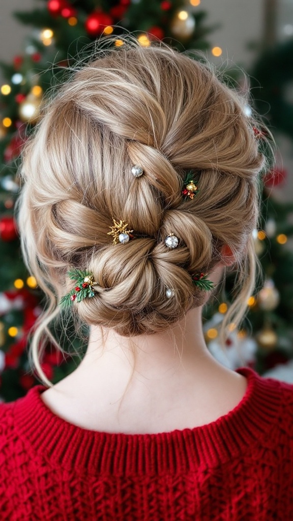 A beautiful braided hairstyle adorned with festive decorations, set against a Christmas tree backdrop.