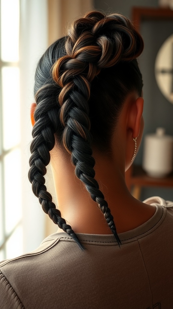 A close-up view of a chunky braided ponytail hairstyle, featuring two thick braids and a high ponytail.
