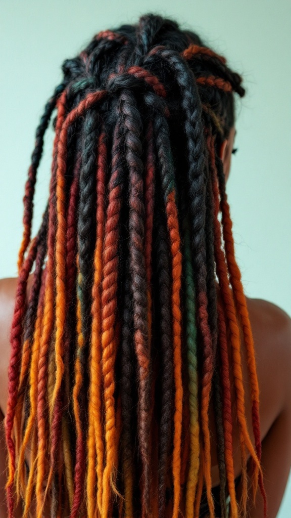 A view from the back of a person with long, chunky braids featuring a mix of dark and warm colors.