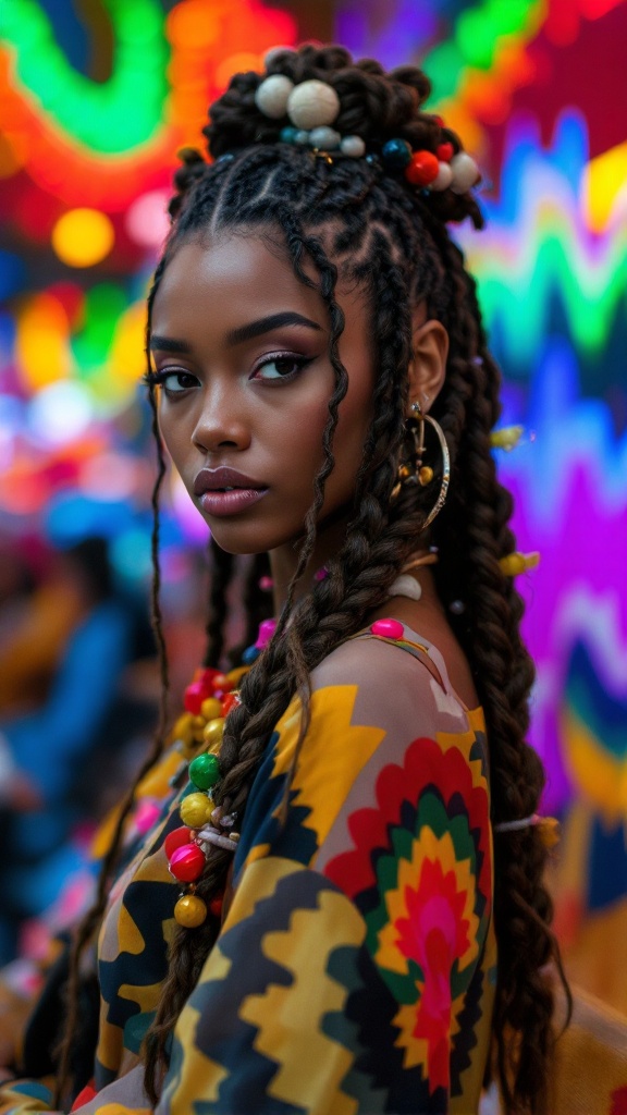 A person with chunky braids adorned with colorful accessories against a vibrant background.