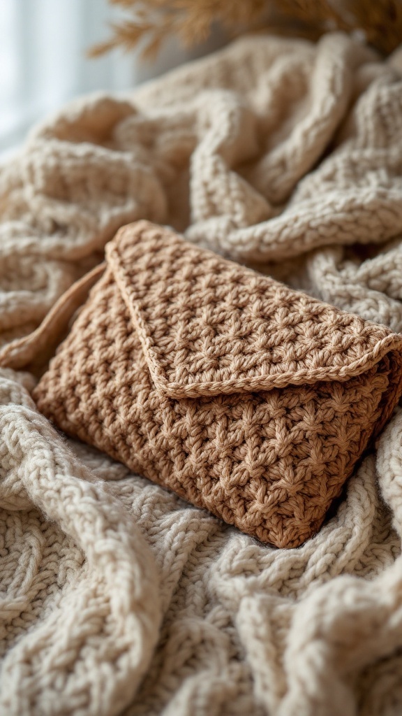 A chunky knit crochet clutch resting on a knitted blanket, showcasing its texture and design.