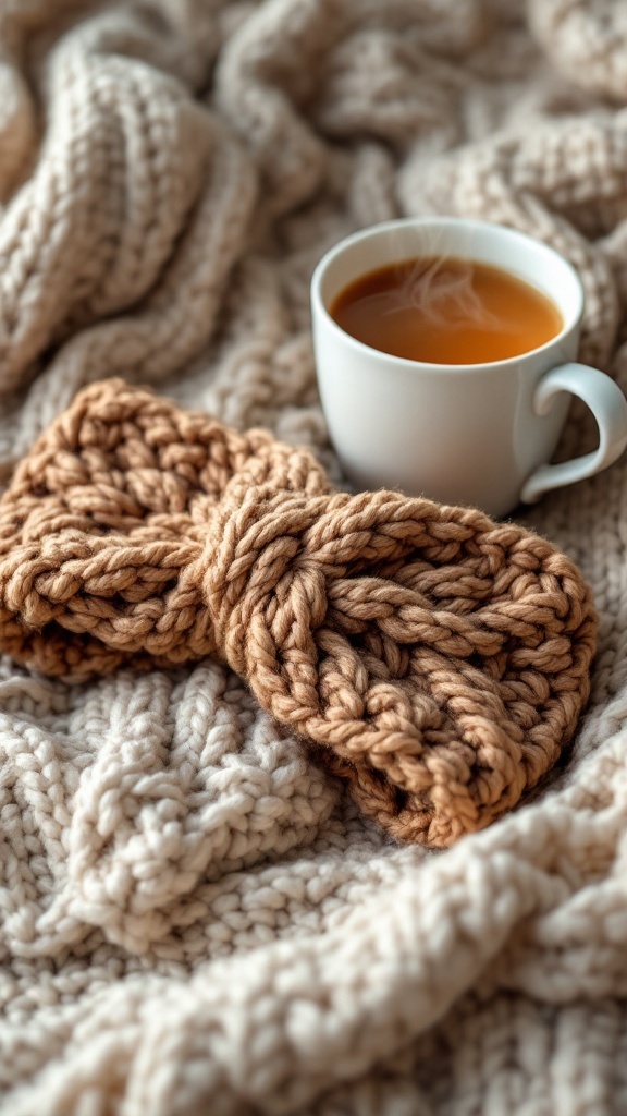 A chunky knit crochet headband laid on a cozy knit blanket next to a cup of steaming tea.