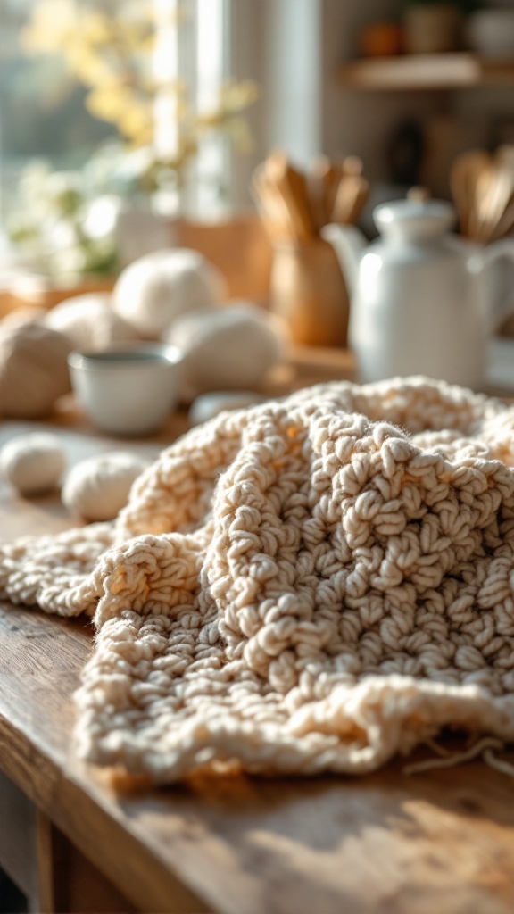 A chunky knit dishcloth made of soft yarn, resting on a wooden table with various yarn balls and kitchen items in the background.