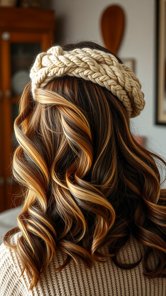 A person with loose waves and a chunky knit headband, showcasing a cozy hairstyle.